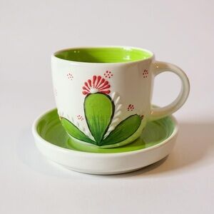 Handcrafted Green and White Ceramic Coffee Cup and Saucer Set